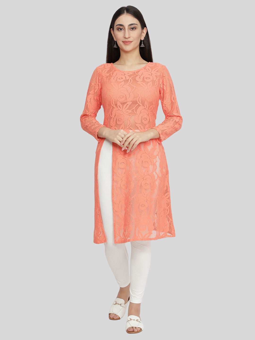 

NUEVOSDAMAS Women Orange Cotton High Slit Floral Kurta