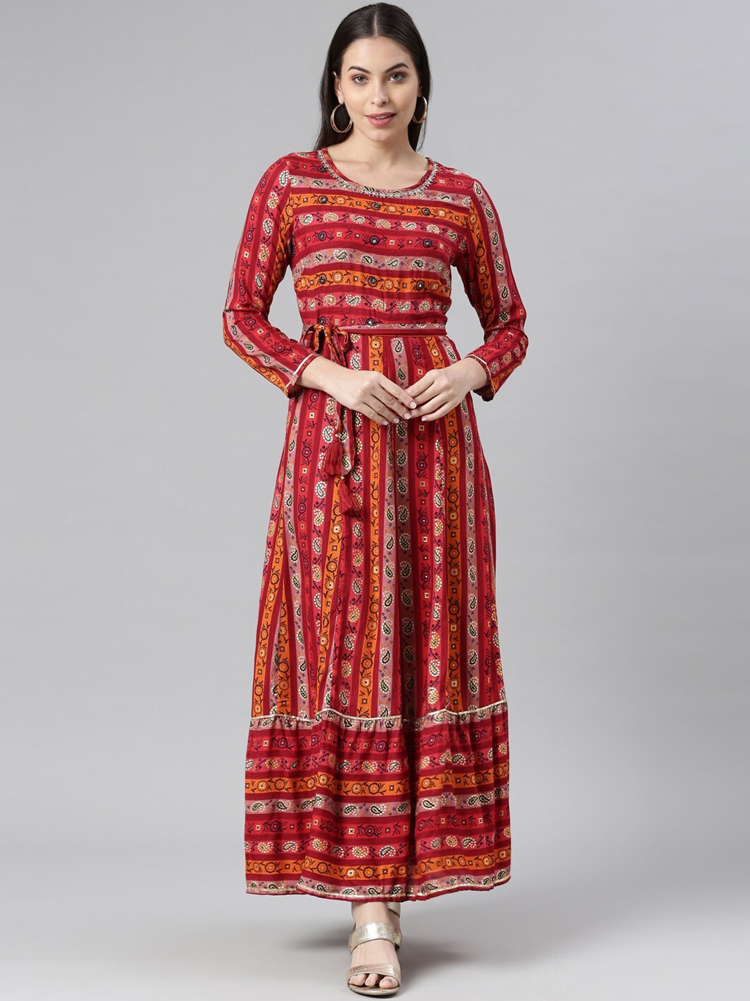 

Neerus Women Red & Beige Printed Maxi Ethnic Dress