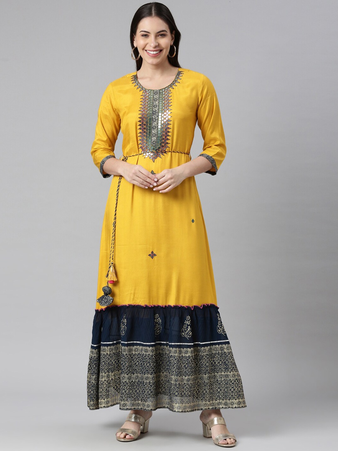 

Neerus Women Mustard Yellow & Teal Blue Mirror Work Maxi Ethnic Dress