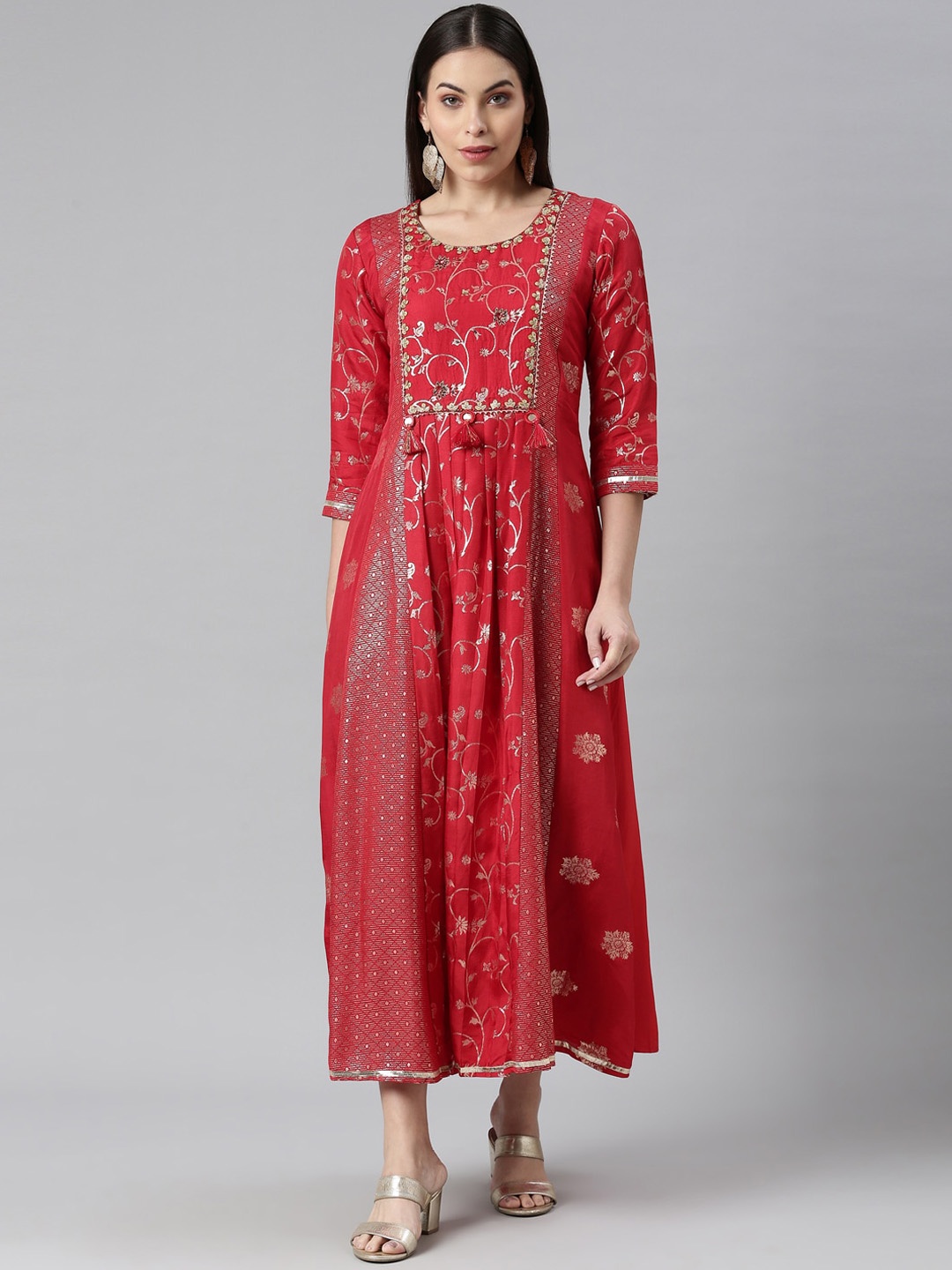 

Neerus Women Red & Silver-Toned Floral Printed Anarkali Kurta