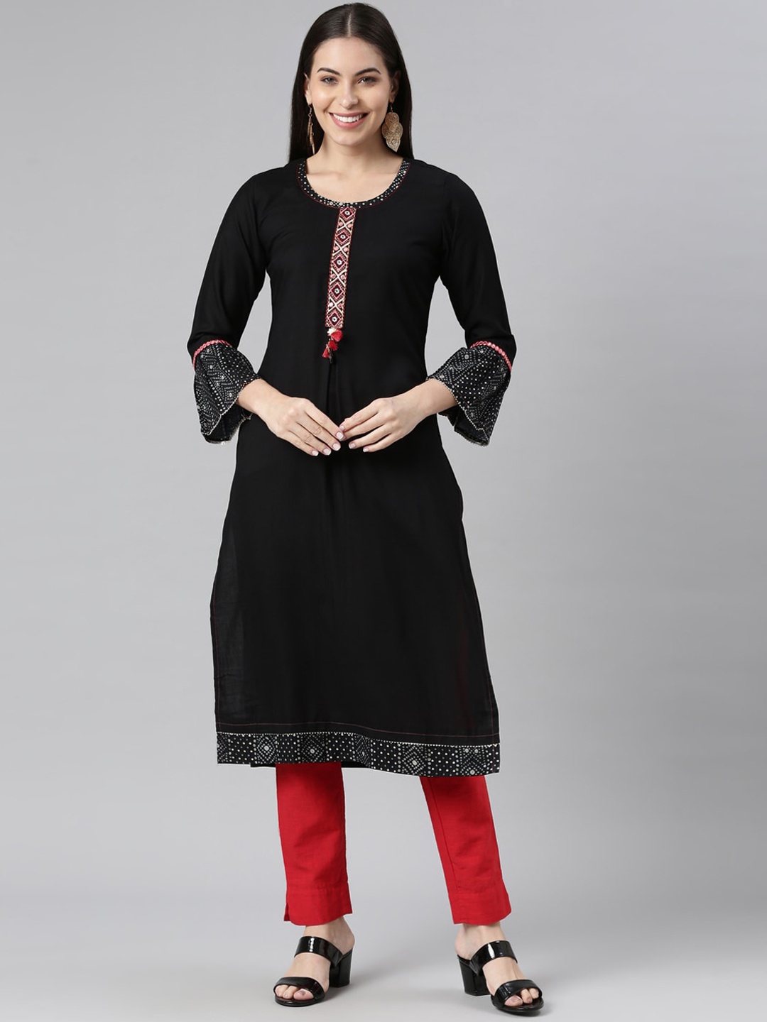 

Neerus Women Black & White Flared Sleeves Kurta