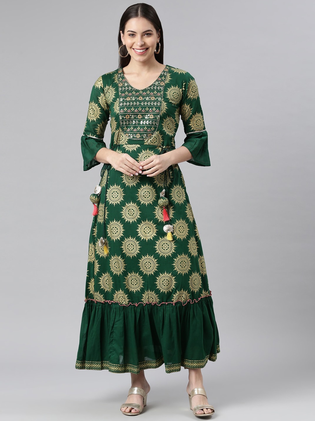 

Neerus Women Green Ethnic Motifs Printed Flared Sleeves Thread Work Anarkali Kurta