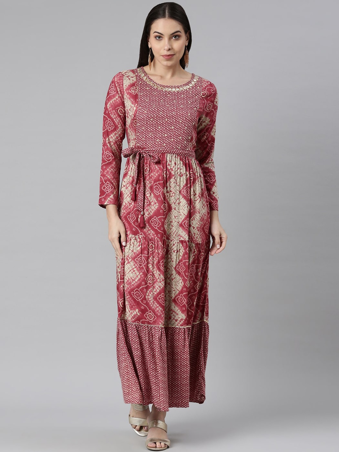 

Neerus Women Pink Ethnic Motifs Printed Flared Sleeves Chikankari Kurta