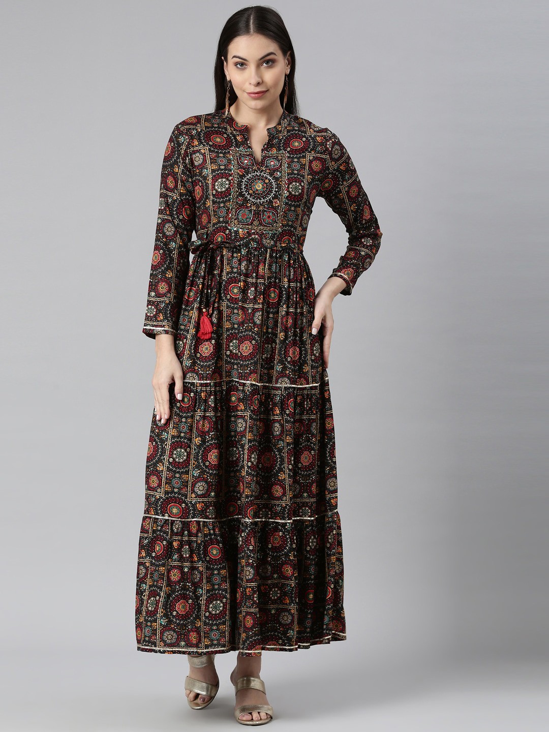 

Neerus Women Ethnic Motifs Printed Mirror Work Anarkali Pure Cotton Kurta, Na