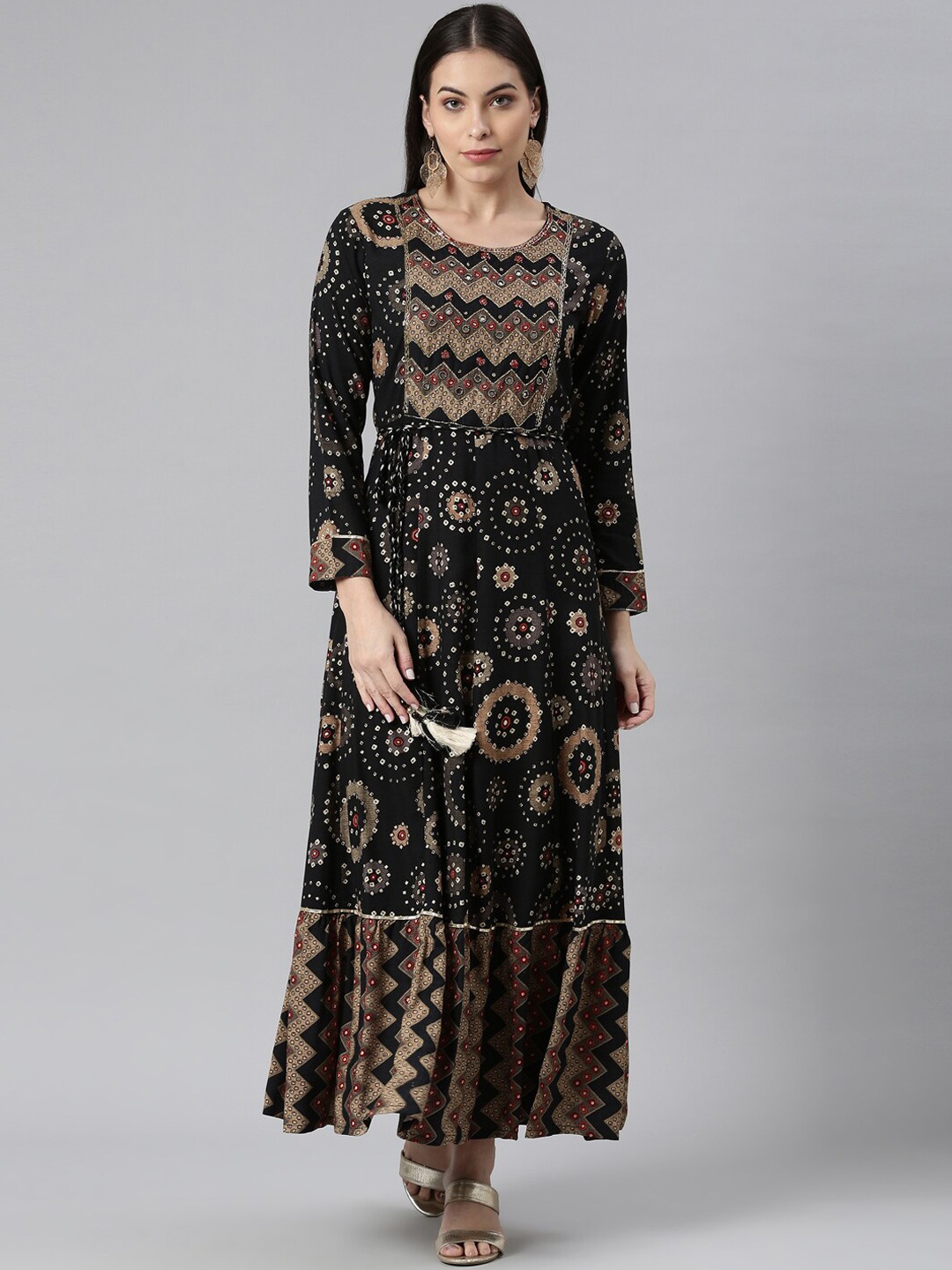 

Neerus Women Black & Beige Printed Maxi Ethnic Dress