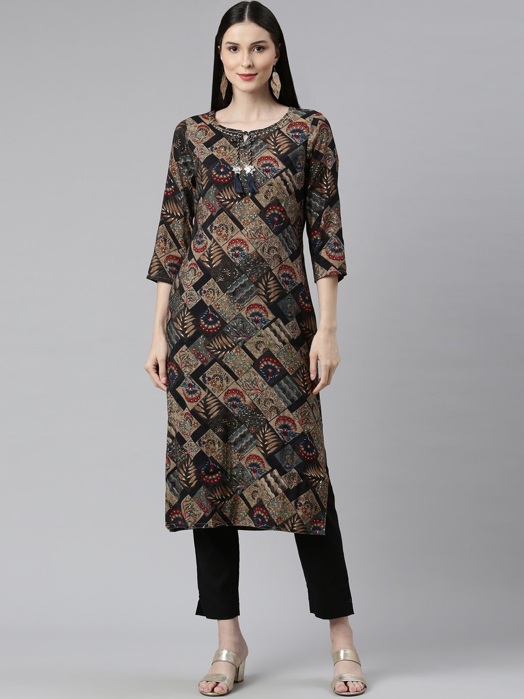 

Neerus Women Black Ethnic Motifs Printed Keyhole Neck Pure Cotton Kurta