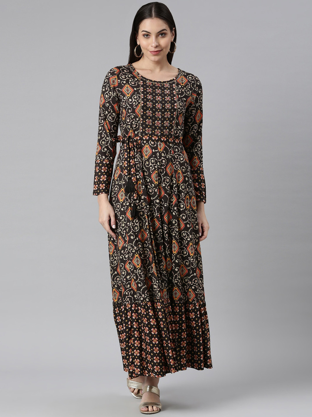 

Neerus Women Olive Green Printed Flared Sleeves Anarkali Kurta