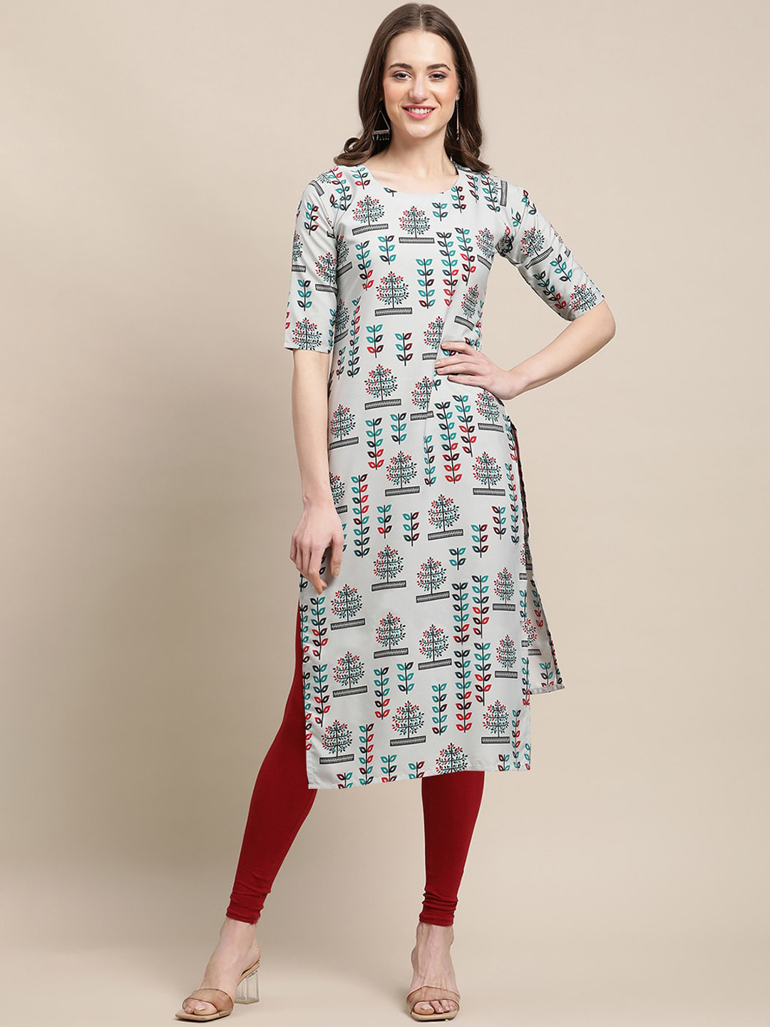 

Ethnic basket Women Grey & Green Floral Printed Block Print Crepe Kurta