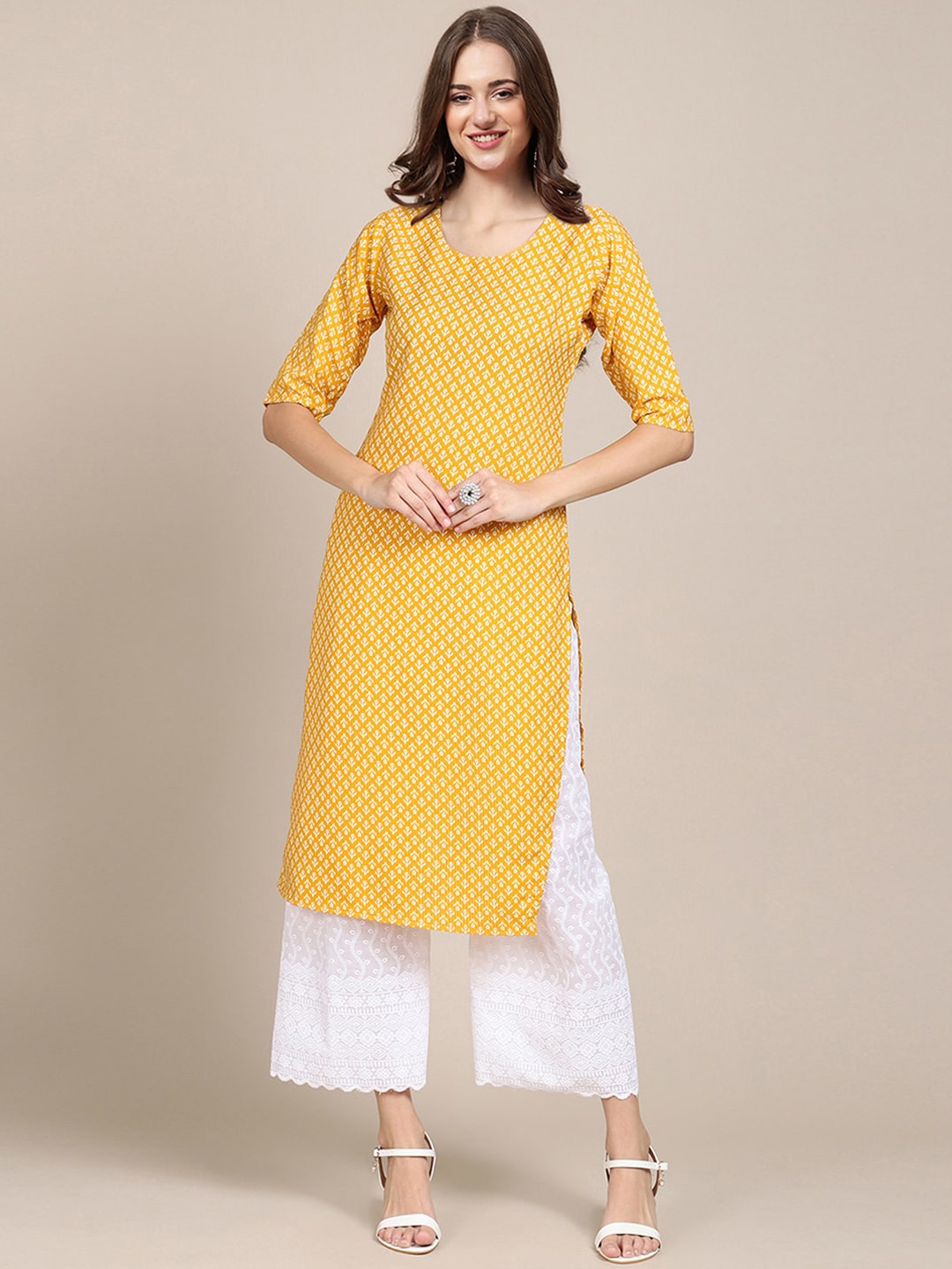 

Ethnic basket Pack of 6 Women Ethnic Motifs Printed Block Print Crepe Kurta, Yellow