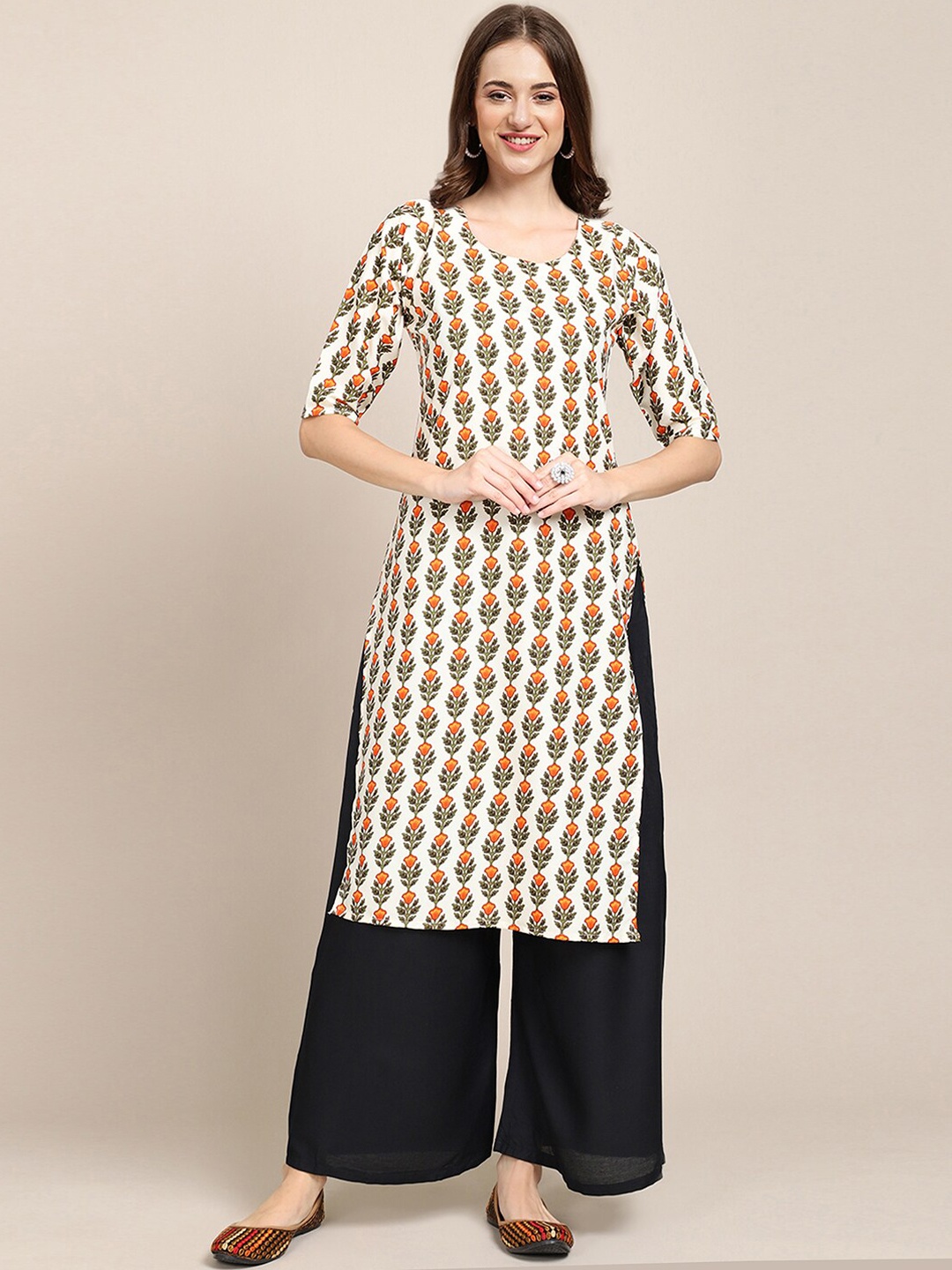 

Ethnic basket Women Peach-Coloured & Mustard Yellow Geometric Printed Block Print Crepe Kurta