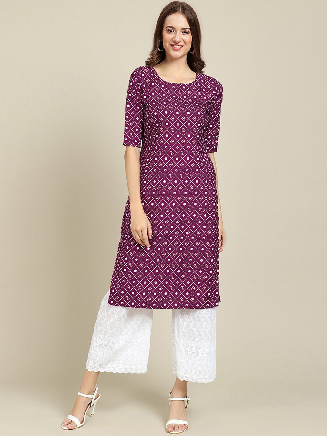 

Ethnic basket Pack of 6 Women Floral Printed Block Print Crepe Kurta, Purple