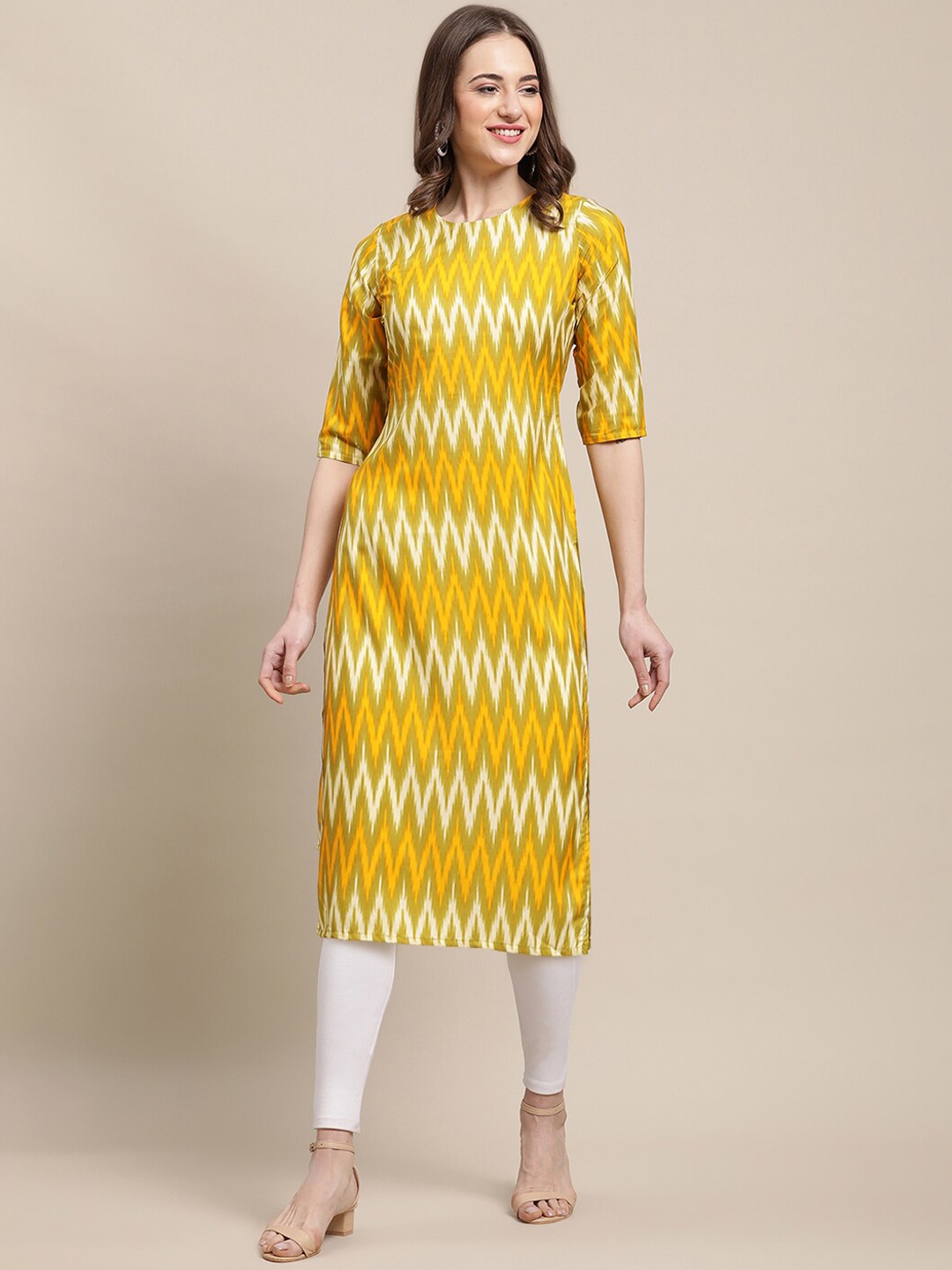 

Ethnic basket Women Mustard Yellow & Fuchsia Geometric Printed Block Print Crepe Kurta