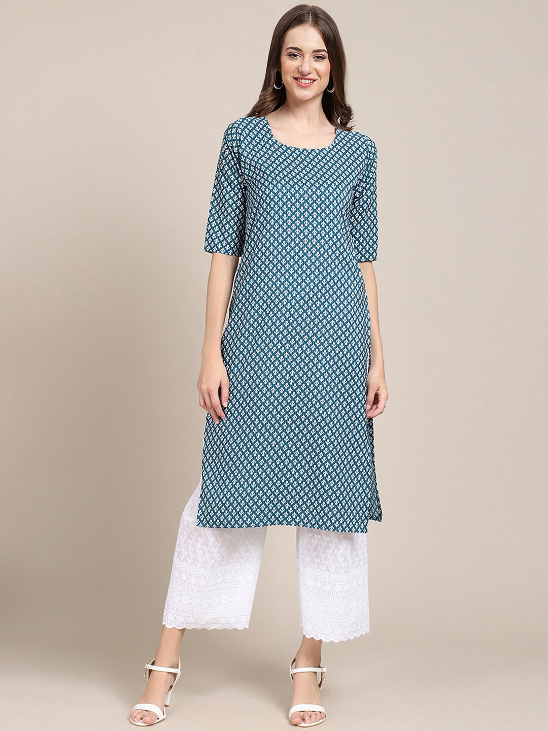 

Ethnic basket Women Pack Of 6 Block Print Crepe Kurta, Navy blue