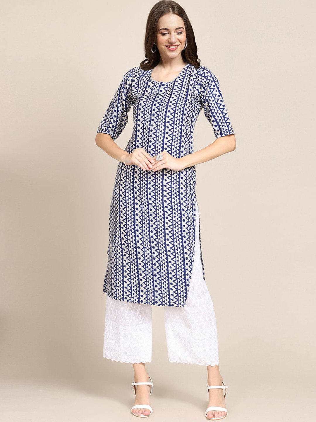 

Ethnic basket Women Multicoloured Geometric Printed Thread Work Block Print Crepe Kurta, Multi