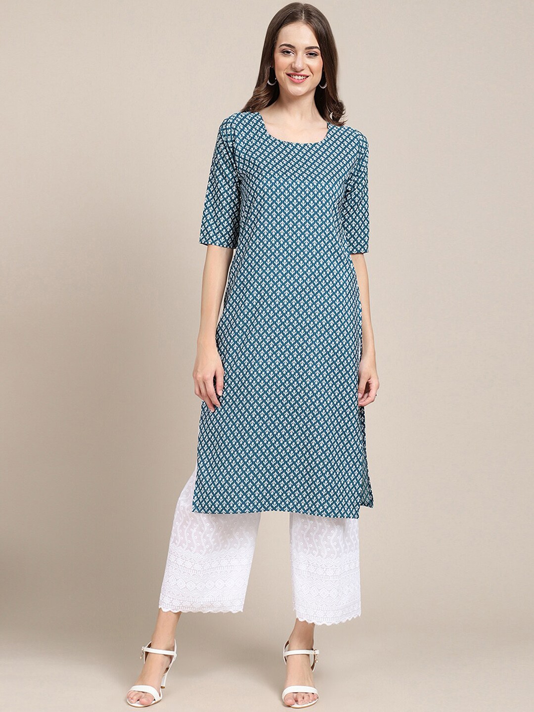 

Ethnic basket Women Pack of 6 Geometric Printed Block Print Crepe Kurta, Blue