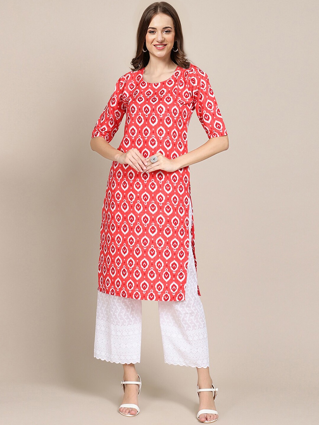 

Ethnic basket Pack of 6 Women Ethnic Motifs Printed Block Print Crepe Kurta, Coral