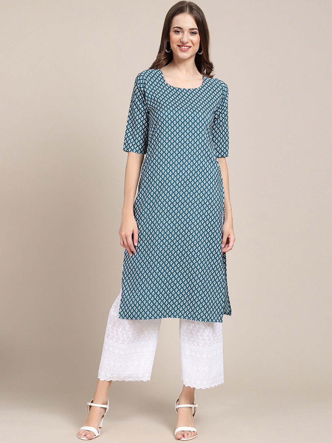

Ethnic basket Women Blue & Coral Ethnic Motifs Printed Block Print Crepe Kurta