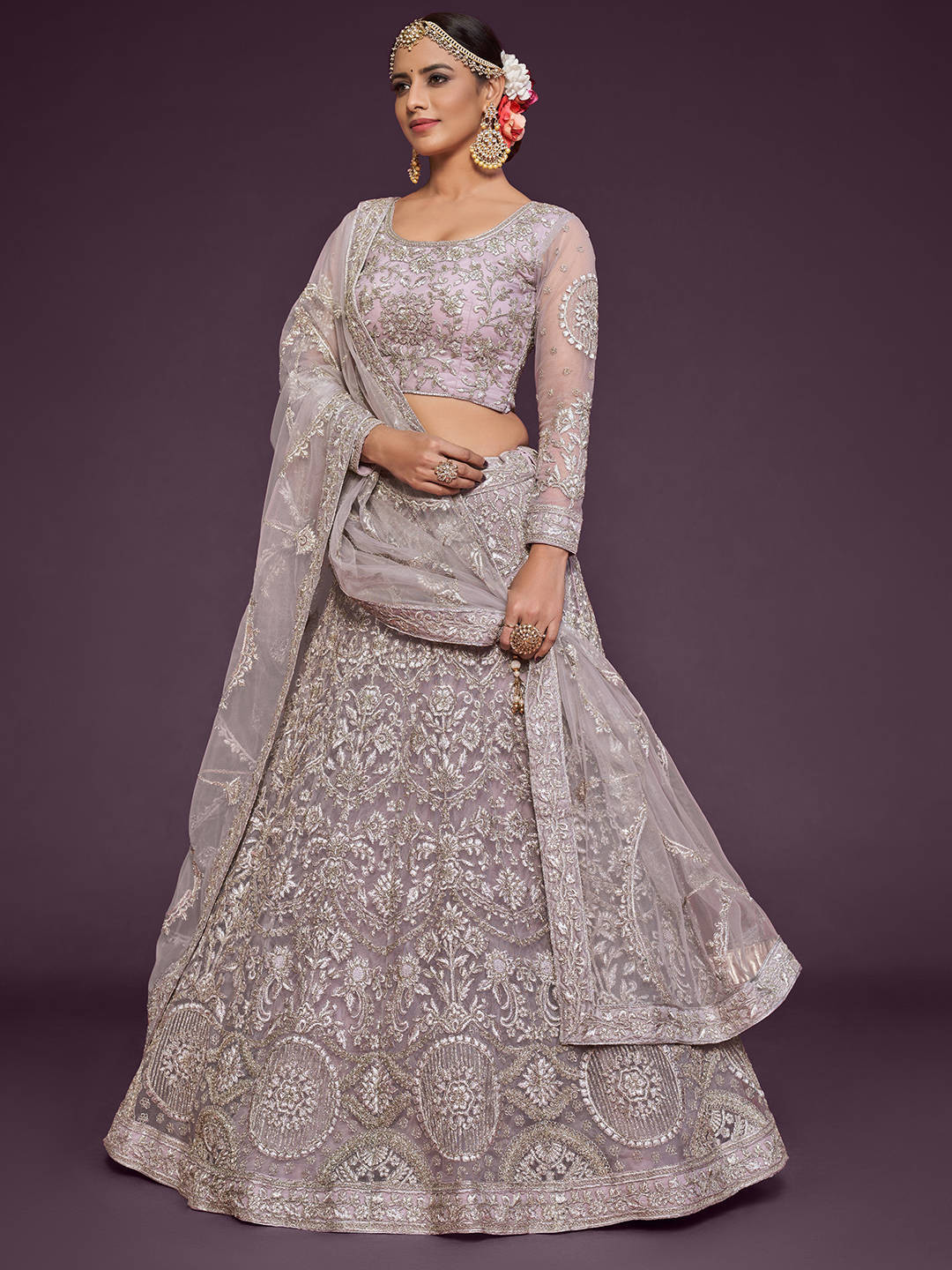 

FABPIXEL Mauve Embroidered Semi-Stitched Lehenga And Unstitched Blouse With Dupatta