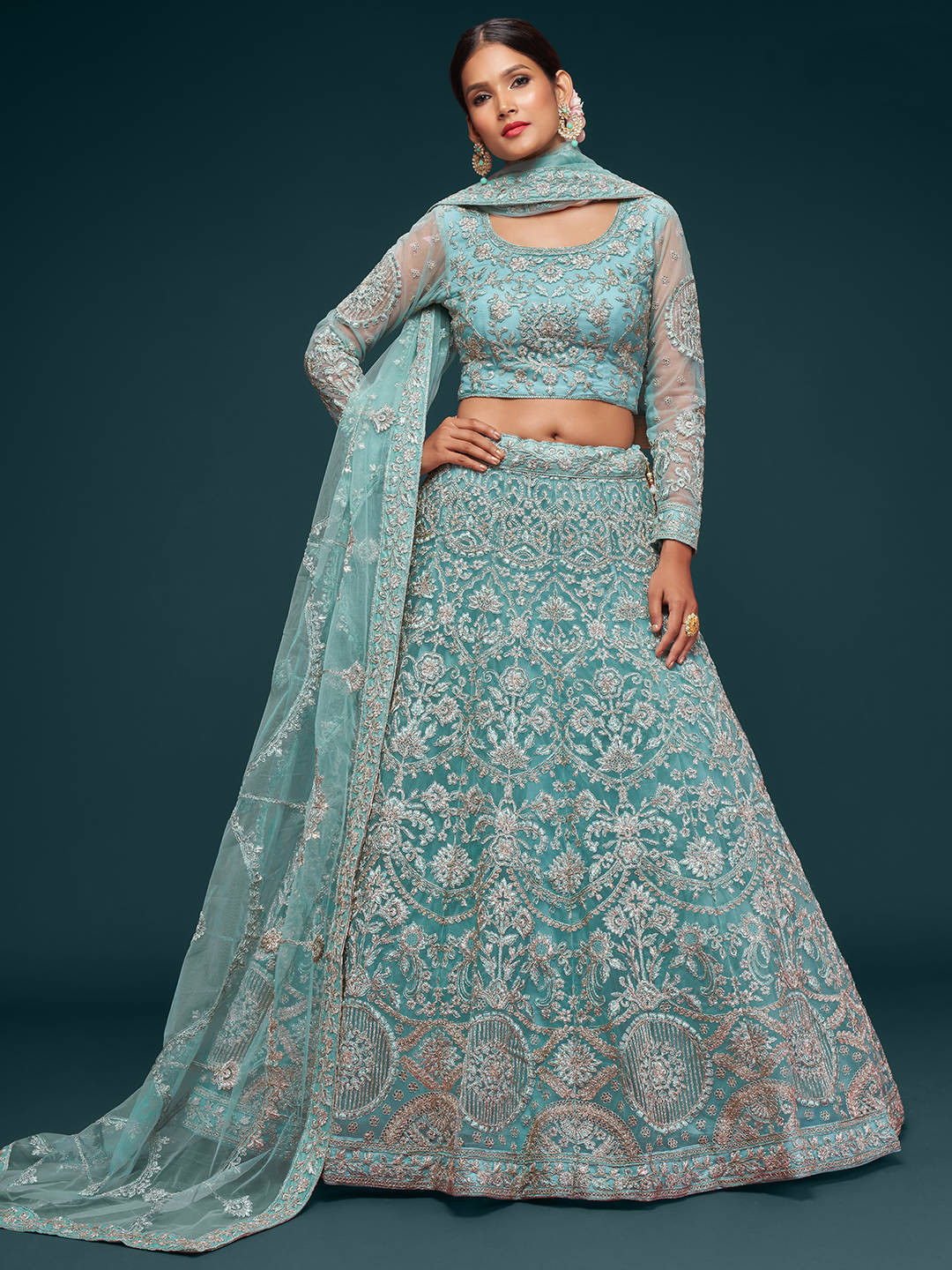 

FABPIXEL Turquoise Blue & Silver-Toned Embroidered Semi-Stitched Lehenga Choli Set