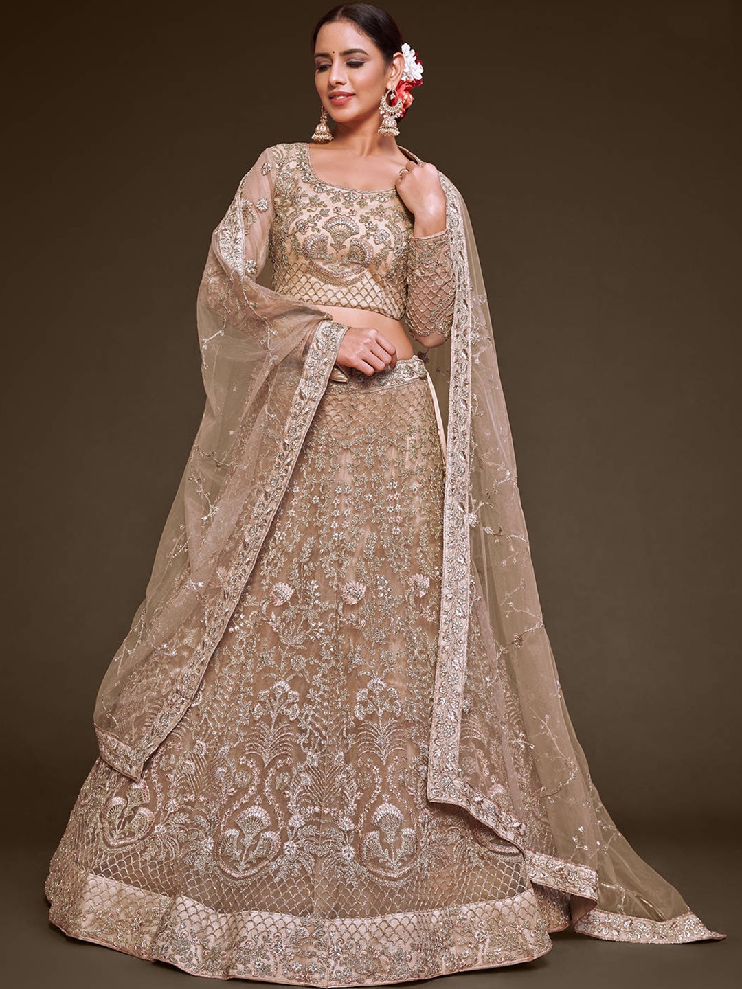 

FABPIXEL Champagne & Gold-Toned Embroidered Semi-Stitched Lehenga & Unstitched Blouse With Dupatta