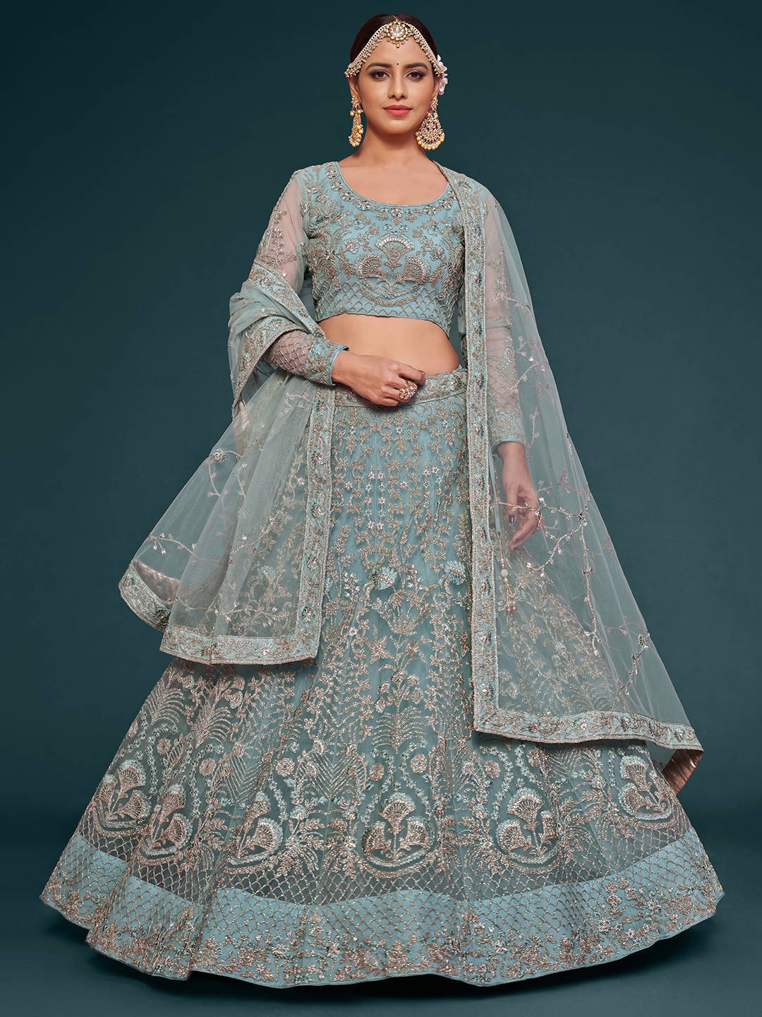 

FABPIXEL Turquoise Blue & Gold-Toned Embroidered Semi-Stitched Lehenga & Unstitched Blouse With Dupatta