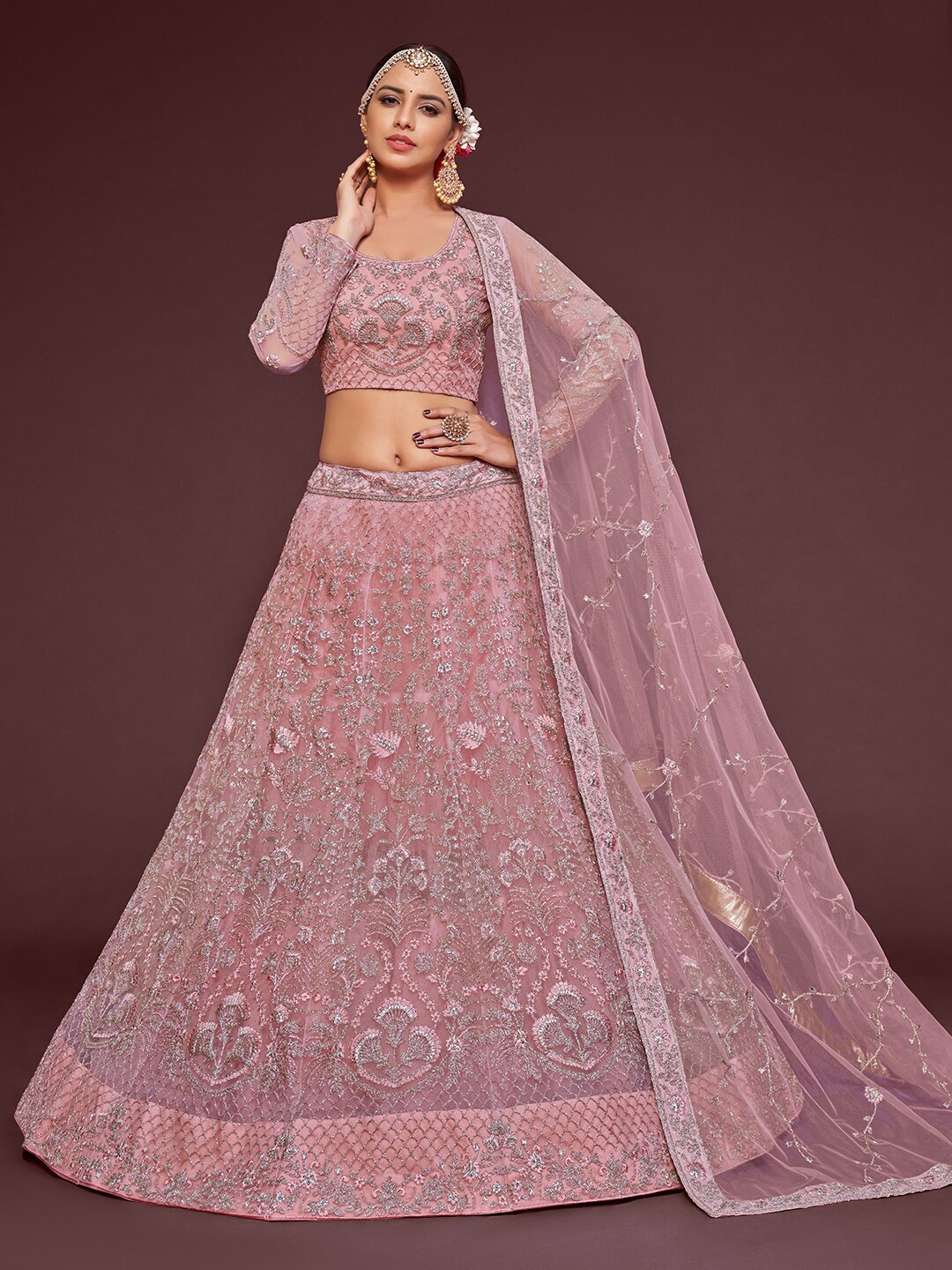 

FABPIXEL Women Pink & Gold Embroidered Semi-Stitched Lehenga & Blouse With Dupatta