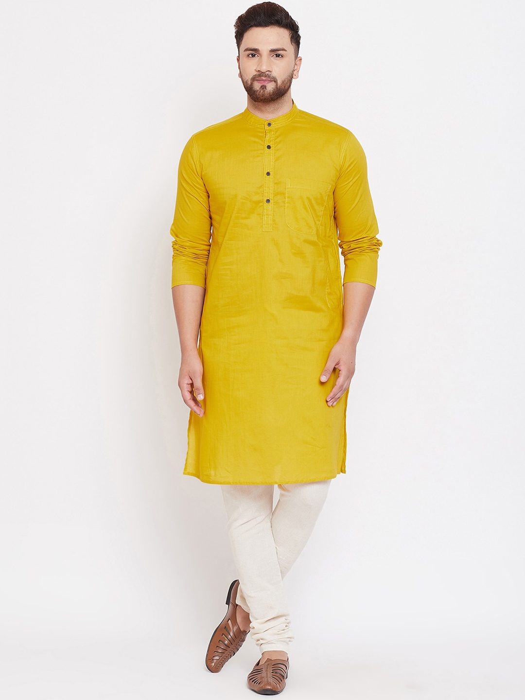 

even Men Yellow Striped Thread Work Kurta