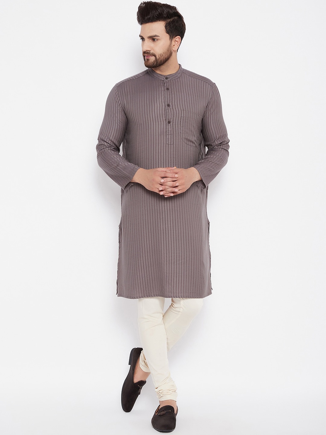 

even Men Grey Striped Thread Work Kurta