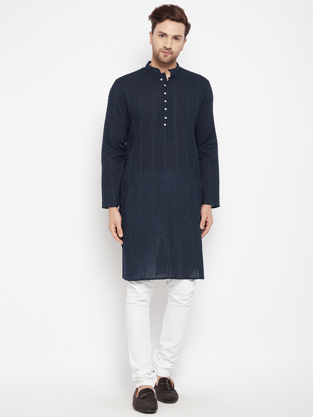 

even Men Blue Geometric Striped Thread Work Kurta