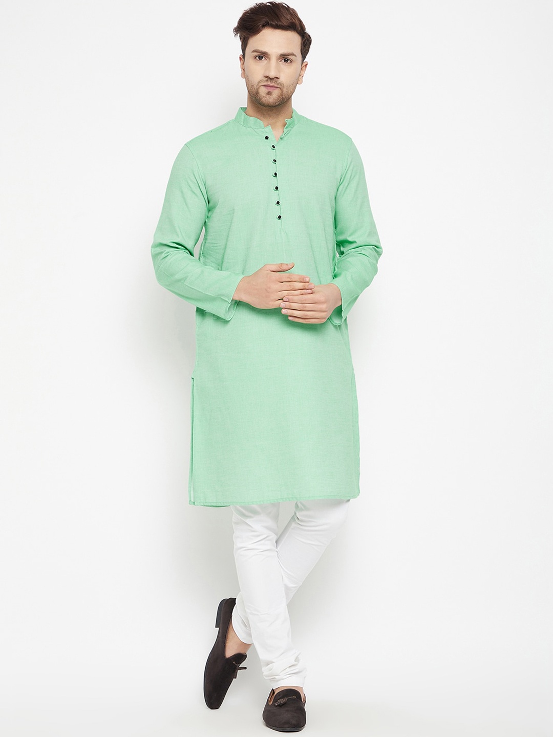 

even Men Green Striped Thread Work Kurta