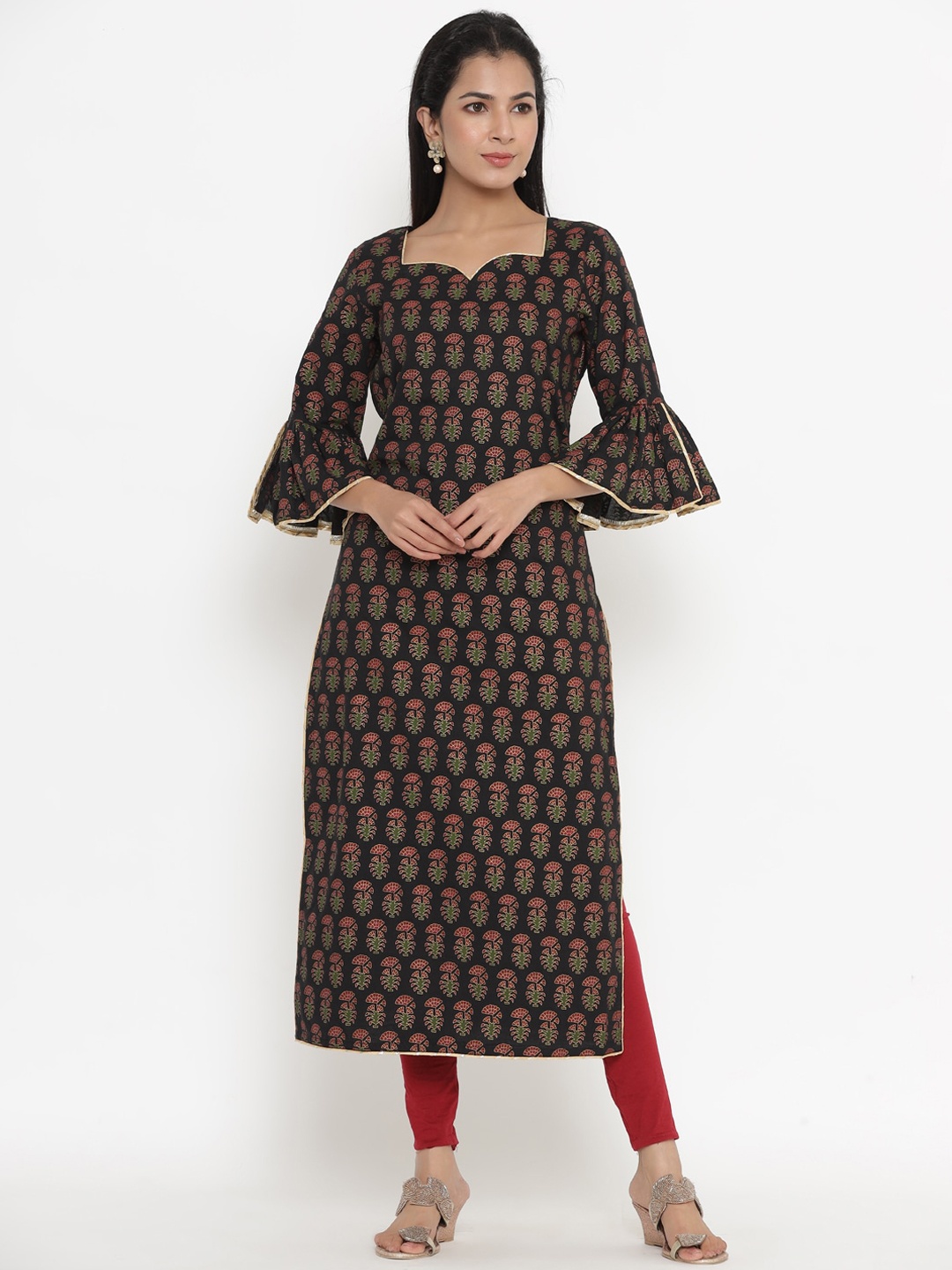 

Indian Virasat Women Black Paisley Flared Sleeves Kurta