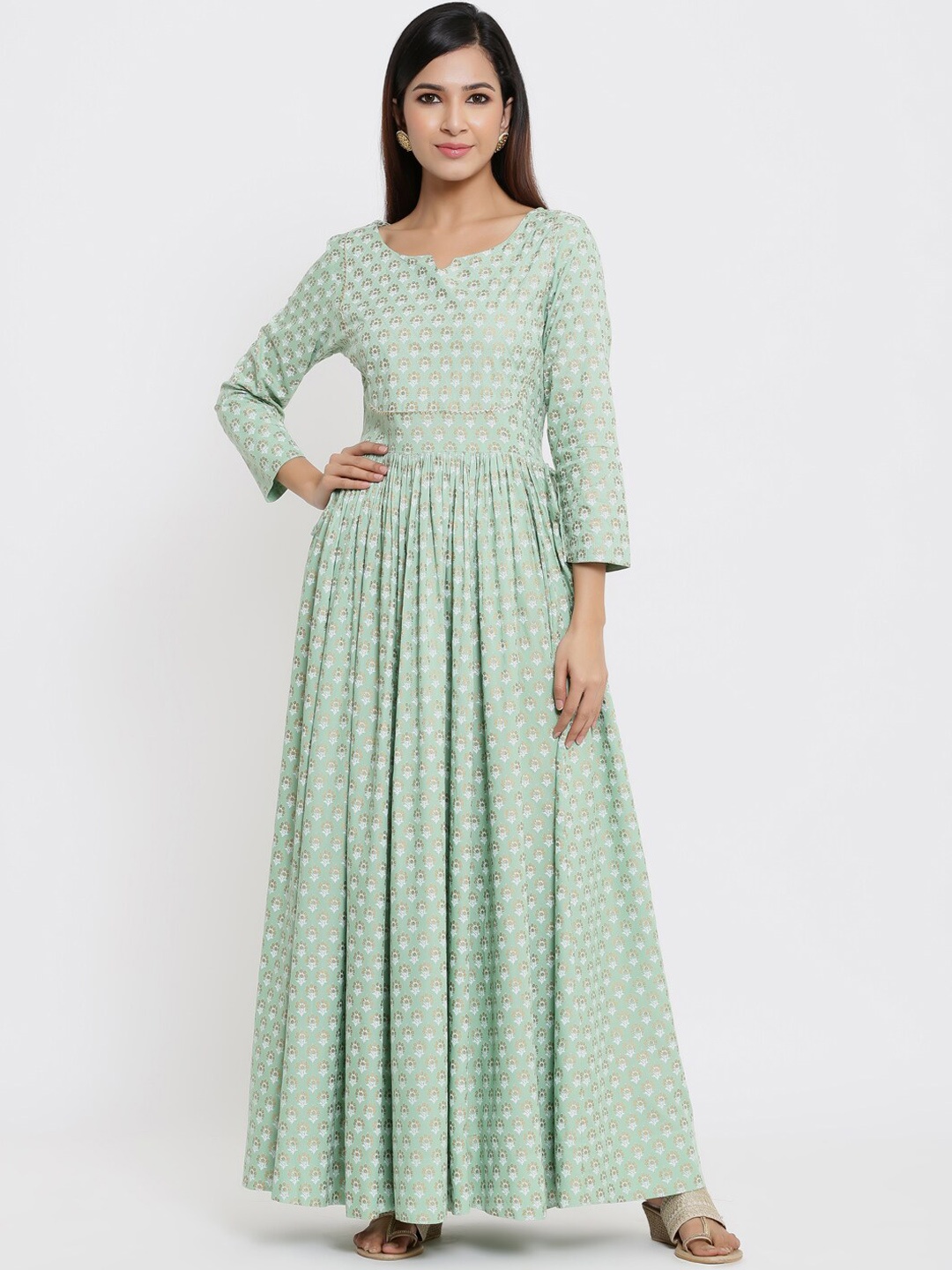 

Indian Virasat Women Green Printed Flared Sleeves Anarkali Kurta