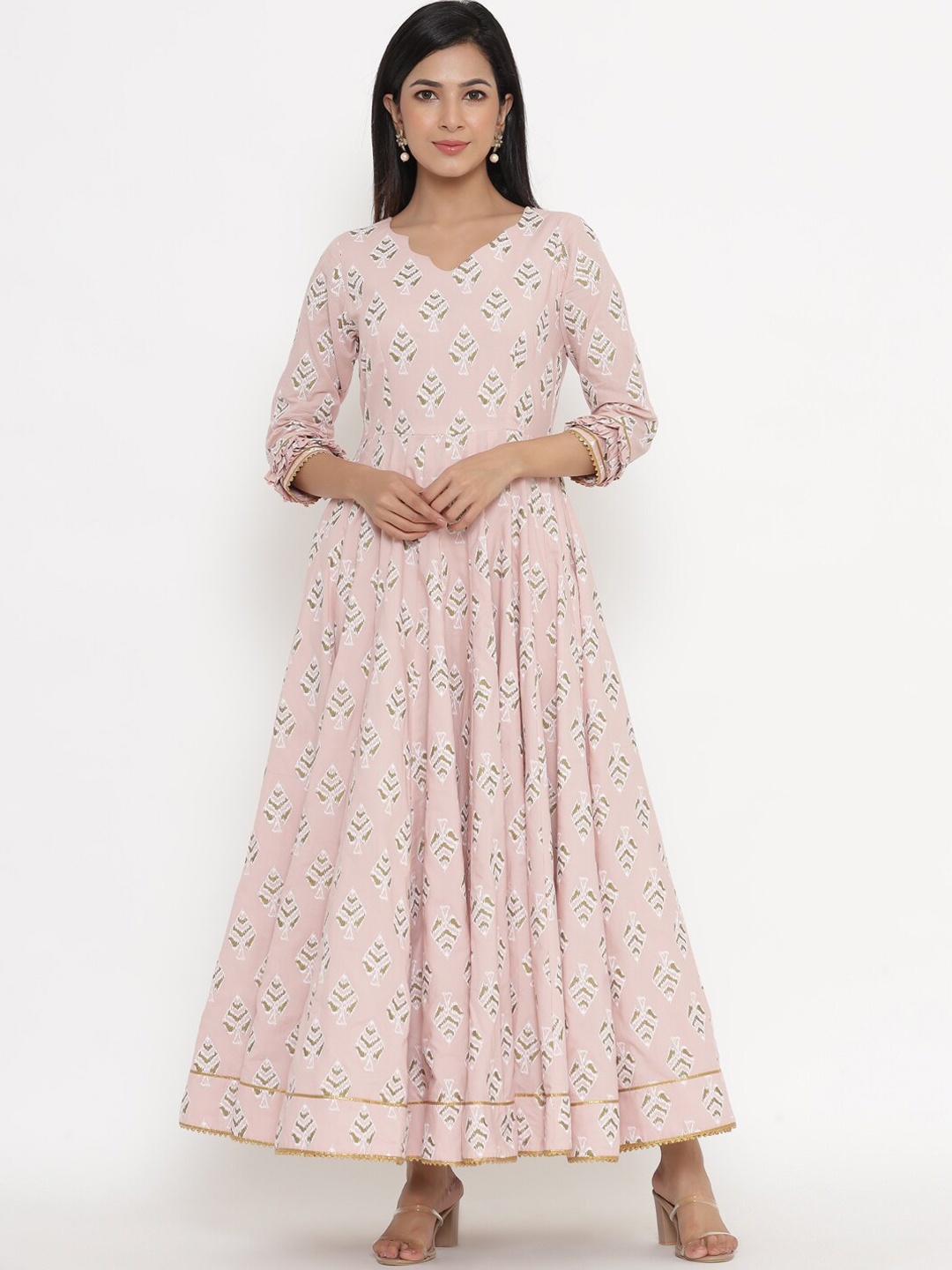 

Indian Virasat Women Peach-Coloured Floral Printed Flared Sleeves Gotta Patti Anarkali Kurta