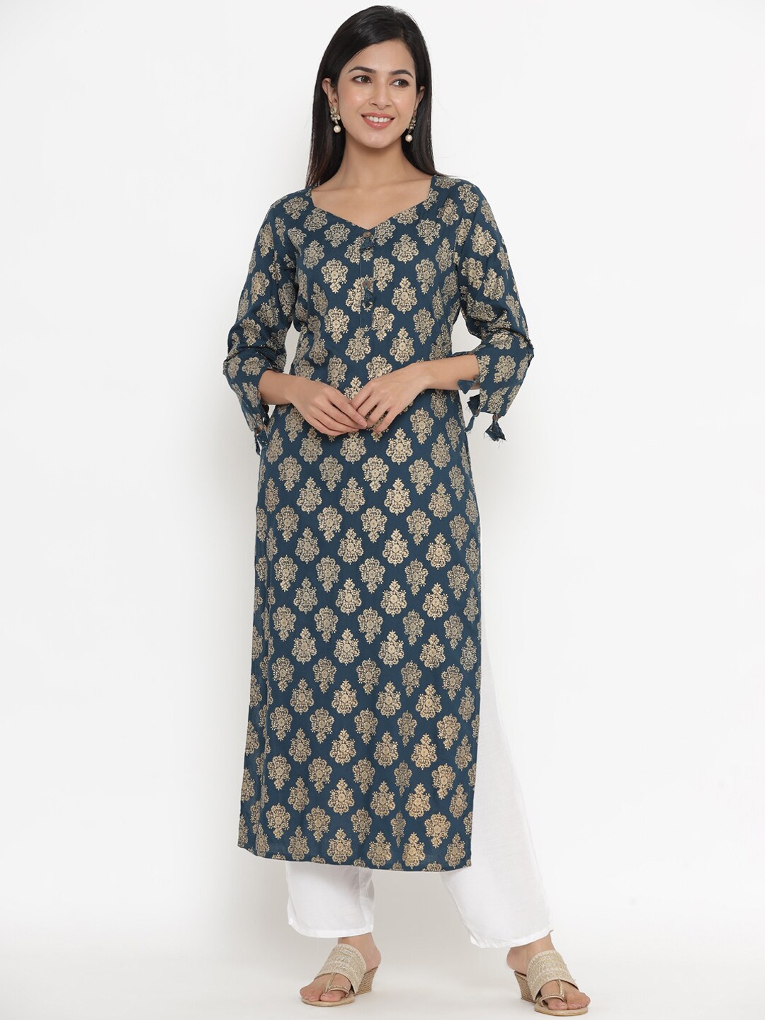

Indian Virasat Women Teal Ethnic Motifs Printed Kurta