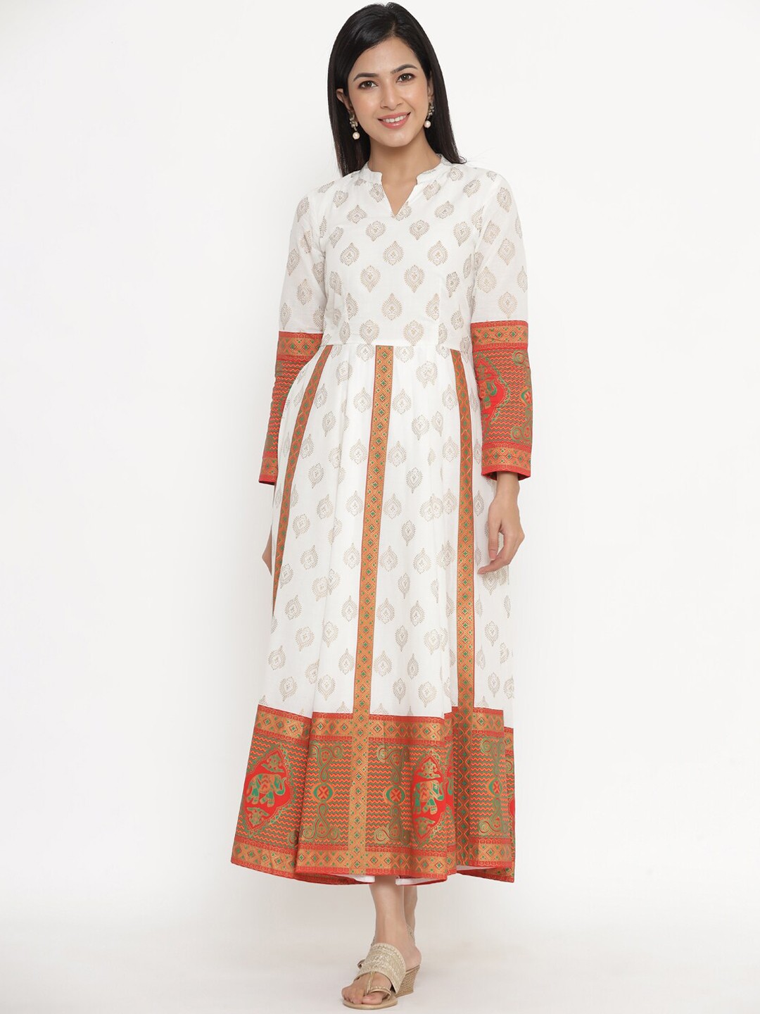 

Indian Virasat Women Off-White Ethnic Motifs Printed A-Line Pure Cotton Kurta