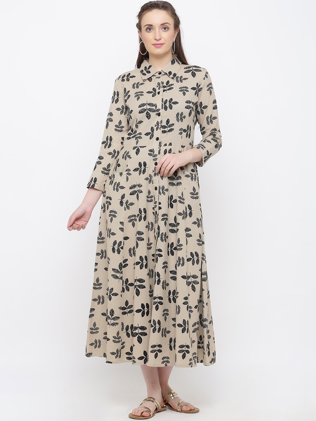 

Indian Virasat Beige & Black Floral Embroidered Ethnic A-Line Midi Dress