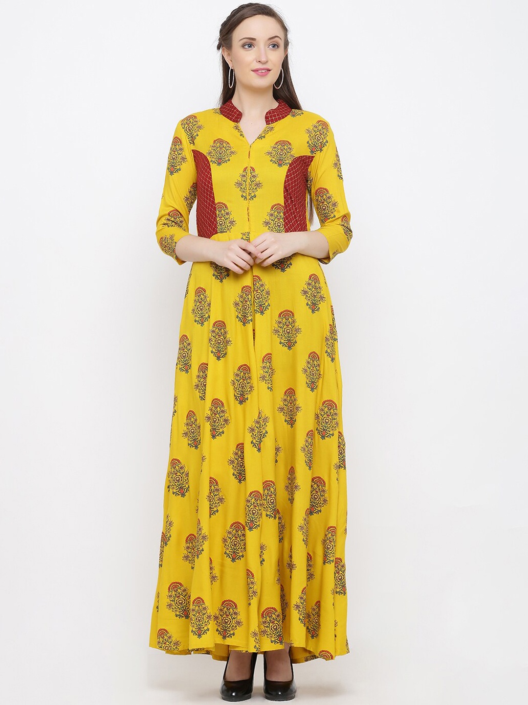 

Indian Virasat Women Mustard Yellow Floral Printed Gotta Patti Anarkali Kurta