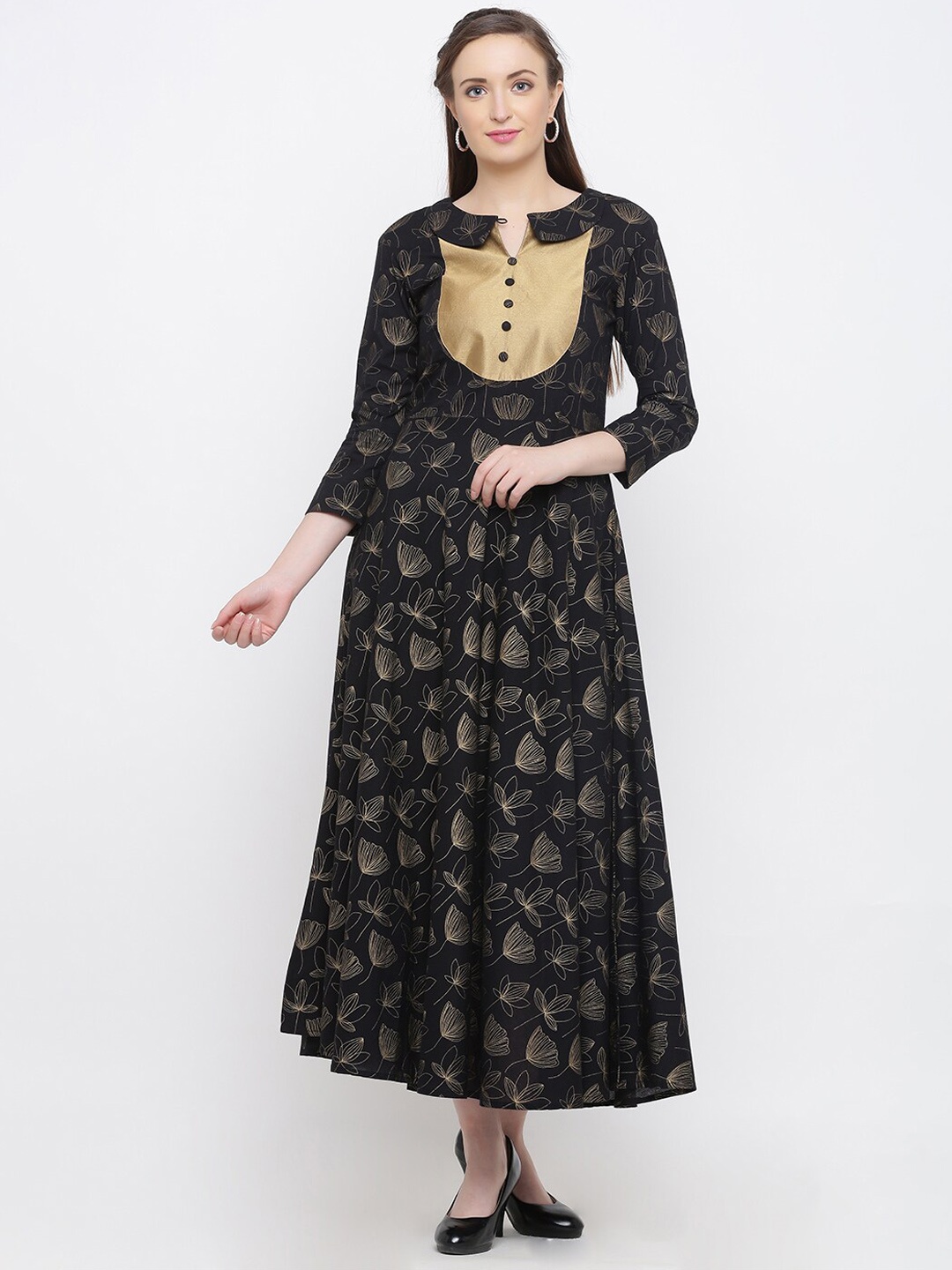 

Indian Virasat Women Black Floral Printed Keyhole Neck Anarkali Kurta
