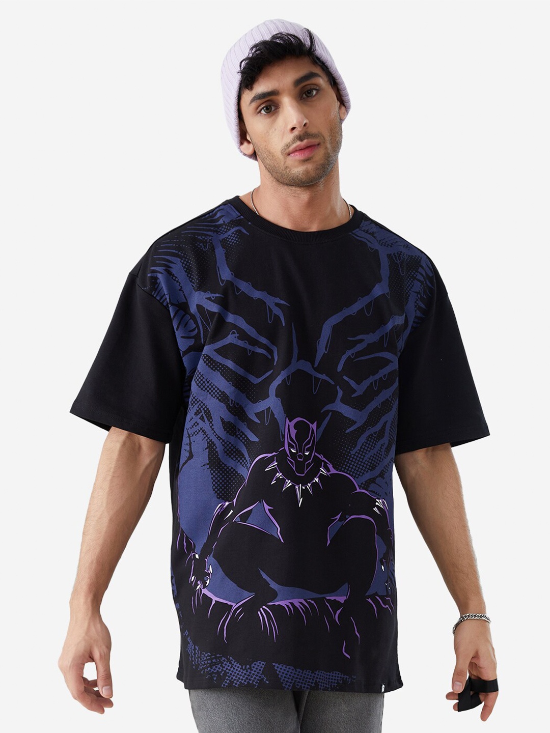 

The Souled Store Men Black & Blue Panther Long Live The King Print Oversized T-Shirt