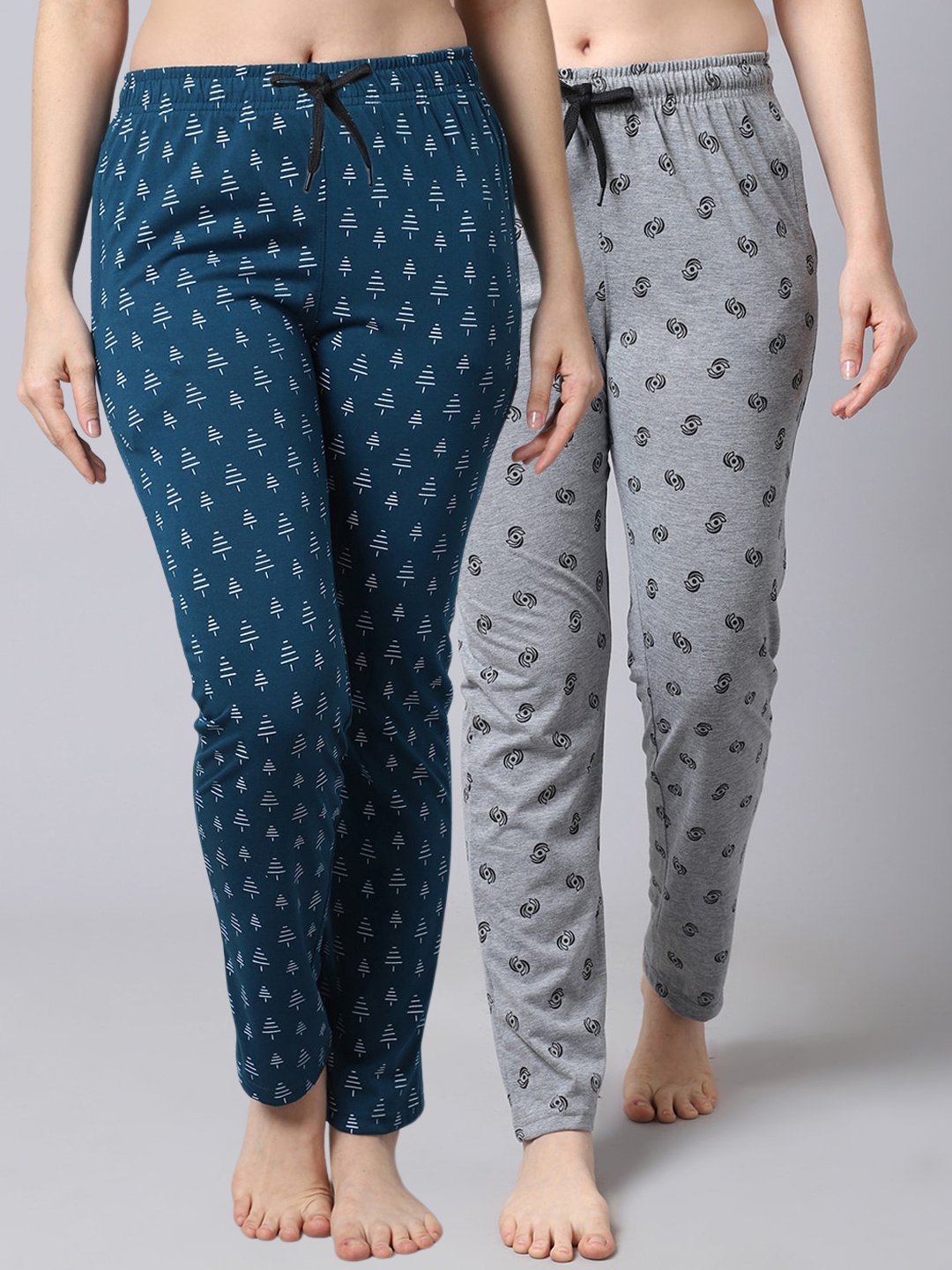 

Shararat Women Pack of 2 Grey & Blue Printed Knitted Lounge Pants