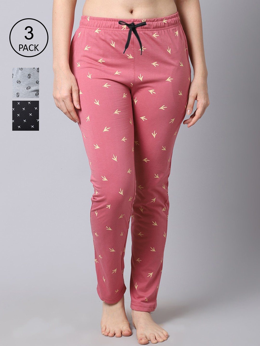 

Shararat Women Pack of 3 Grey & Pink Printed Lounge Pants