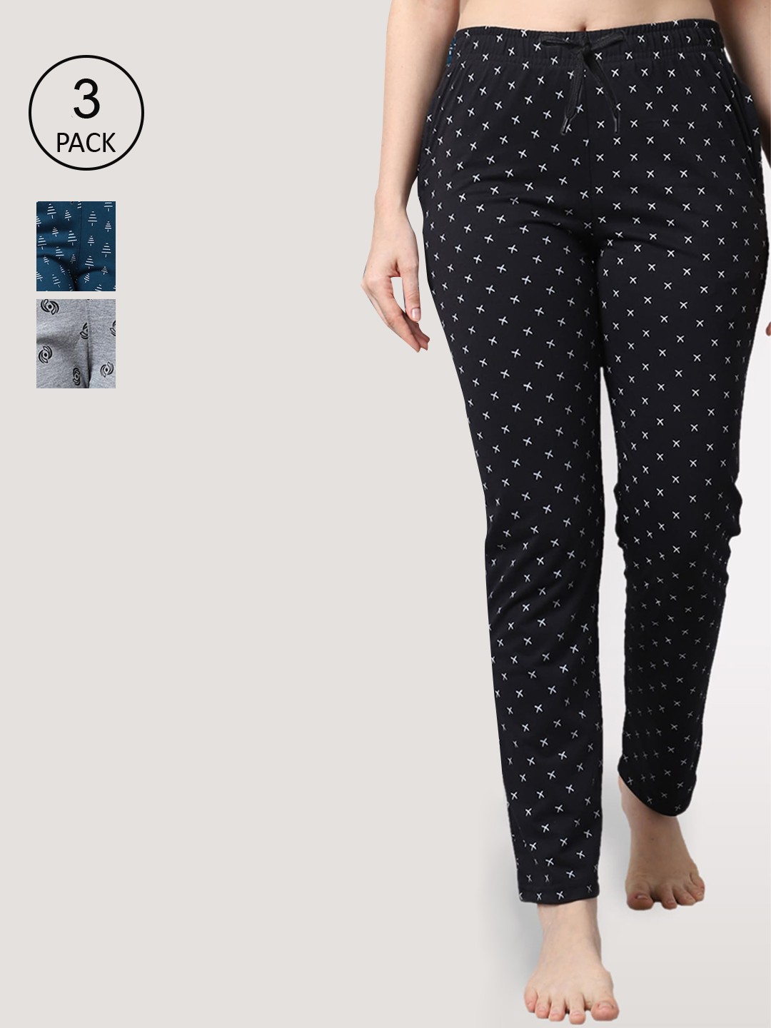 

Shararat Women Pack of 3 Grey & Blue Printed Lounge Pants
