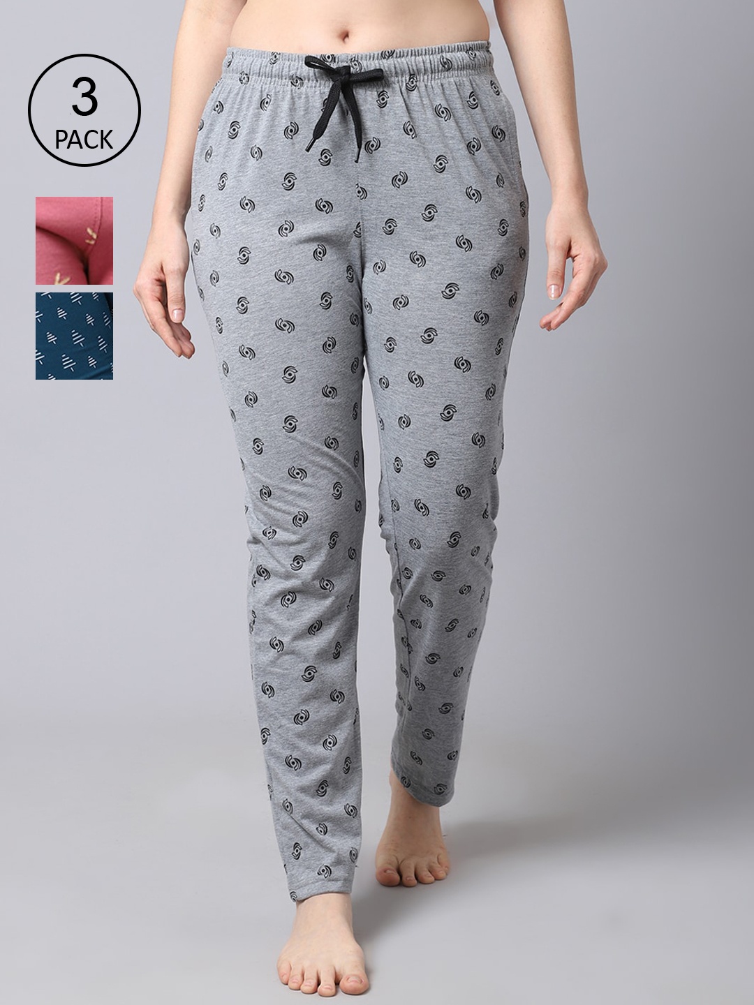 

Shararat Women Pack of 3 Grey & Pink Printed Lounge Pants