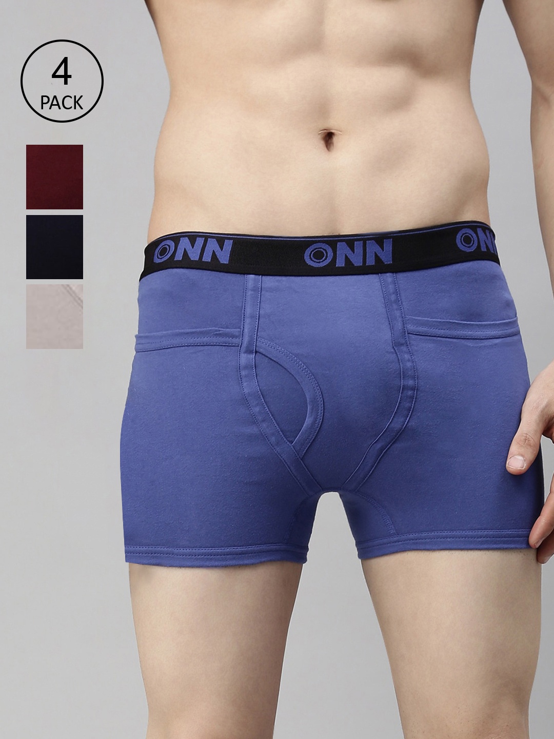 

ONN Men Pack of 4 Solid Mid Rise Cotton Trunks ONN_260_AFBLU_MRN_SBU_3PC, Navy blue