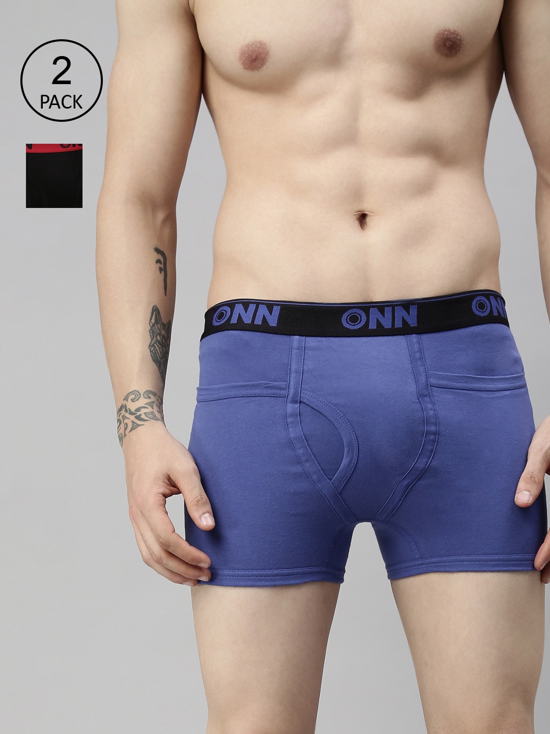 

ONN Men Pack Of 2 Black and Sky Blue Solid Pure Cotton Trunks ONN_260_BLK_SBU_2PC