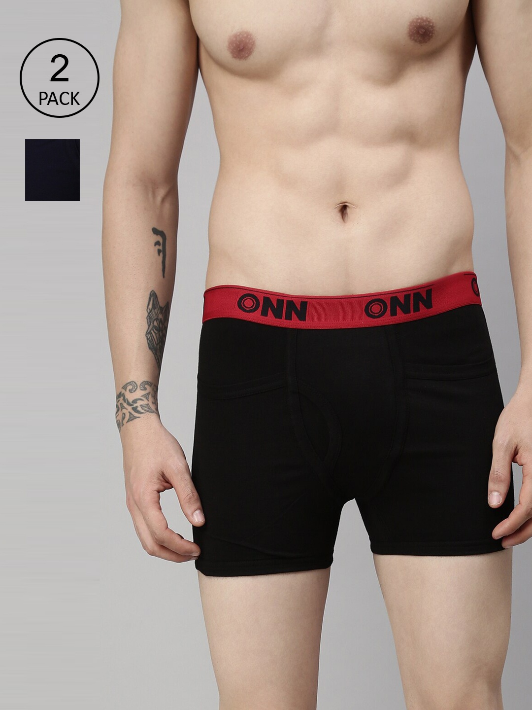 

ONN Men Pack Of 2 Black & Navy Blue Outer Elastic Solid Trunks