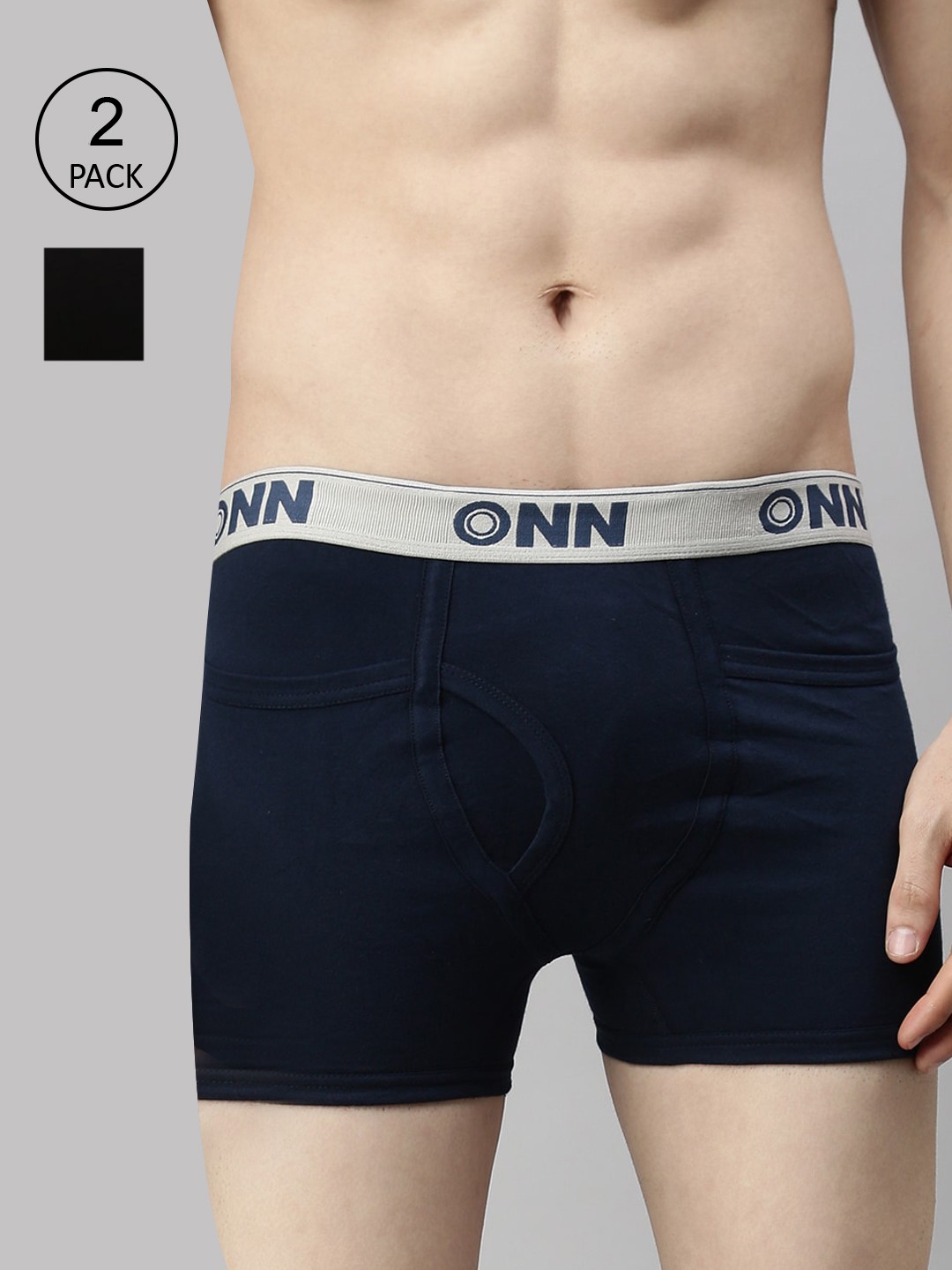 

ONN Men Pack Of 2 Blue, Black Inner Elastic Solid Pure Cotton Trunks