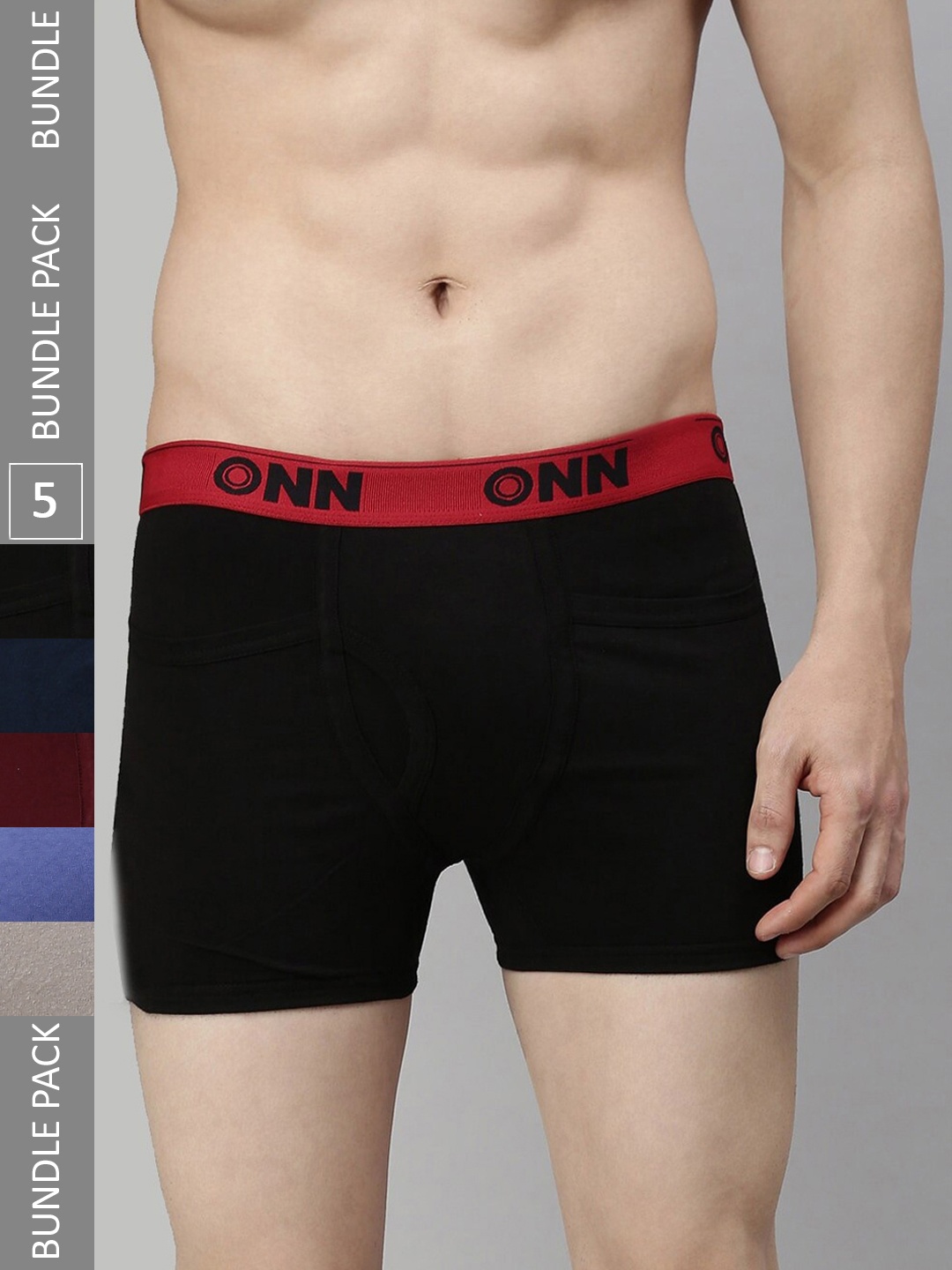 

ONN Men Pack of 5 Solid Cotton Outer Elastic Trunks ONN_260_AST_5PC, Black