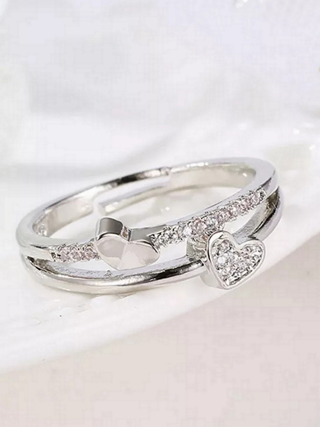 

UNIVERSITY TRENDZ Set of 2 Silver-Plated White CZ-Studded Double Adjustable Finger Rings