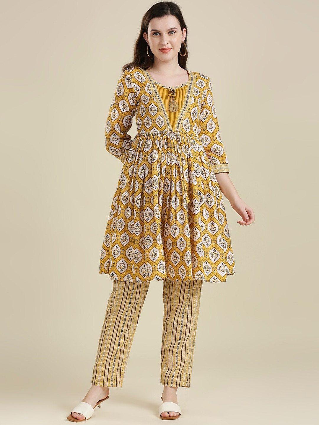 

MADHURAM Women Yellow Ethnic Motifs Printed Empire Pure Cotton Kurta with Trousers